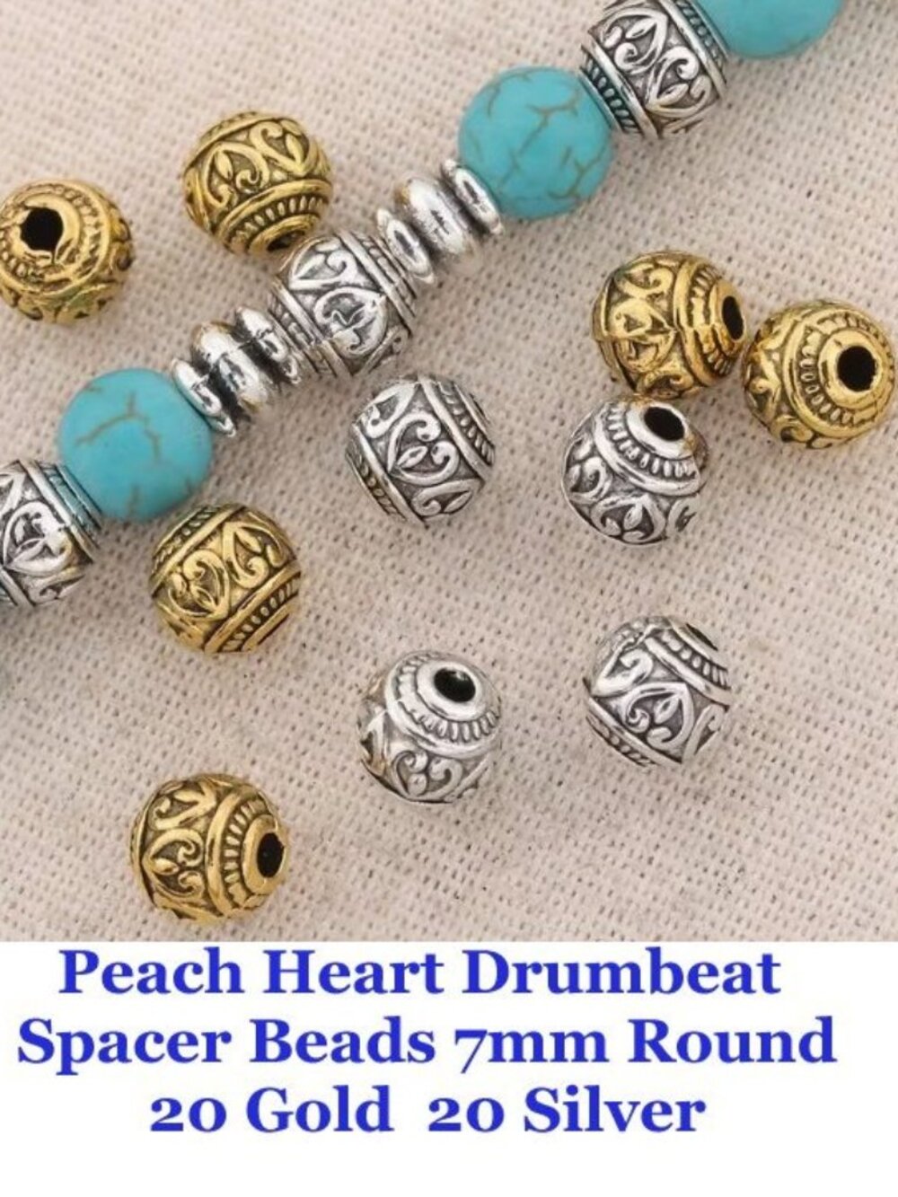Peach Heart Drumbeat Straight Hole Spacer Beads 7mm Round 20 gold 20 silver